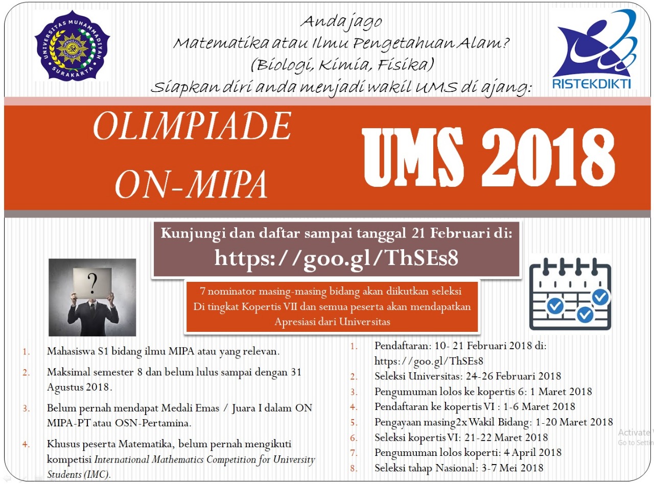 Pendaftaran Calon Wakil Lomba Olimpiade Nasional Matematika dan Ilmu Pengetahuan Alam Perguruan Tinggi (ON MIPA-PT) UMS Tahun 2018