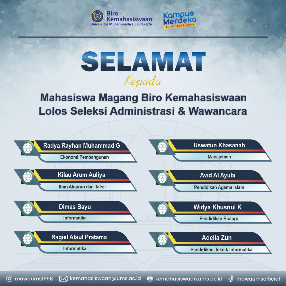 PENGUMUMAN SELEKSI MAHASISWA MAGANG BIRO KEMAHASISWAAN 2023