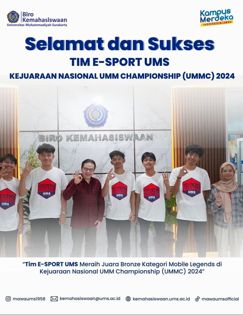 Selamat kepada TIM E-SPORT UMS telah meraih Juara Bronze Kategori Mobile Legends di Kejuaraan Nasional UMM Championship (UMMC) 2024