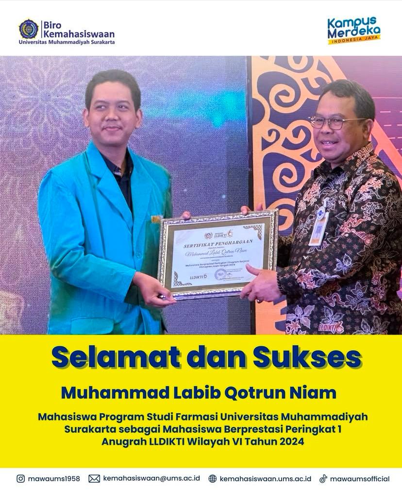 Selamat dan Sukses  kepada Muhammad Labib Qotrun Niam atas prestasinya sebagai Mahasiswa Berprestasi Peringkat 1 Anugerah LLDIKTI Wilayah VI Tahun 2024